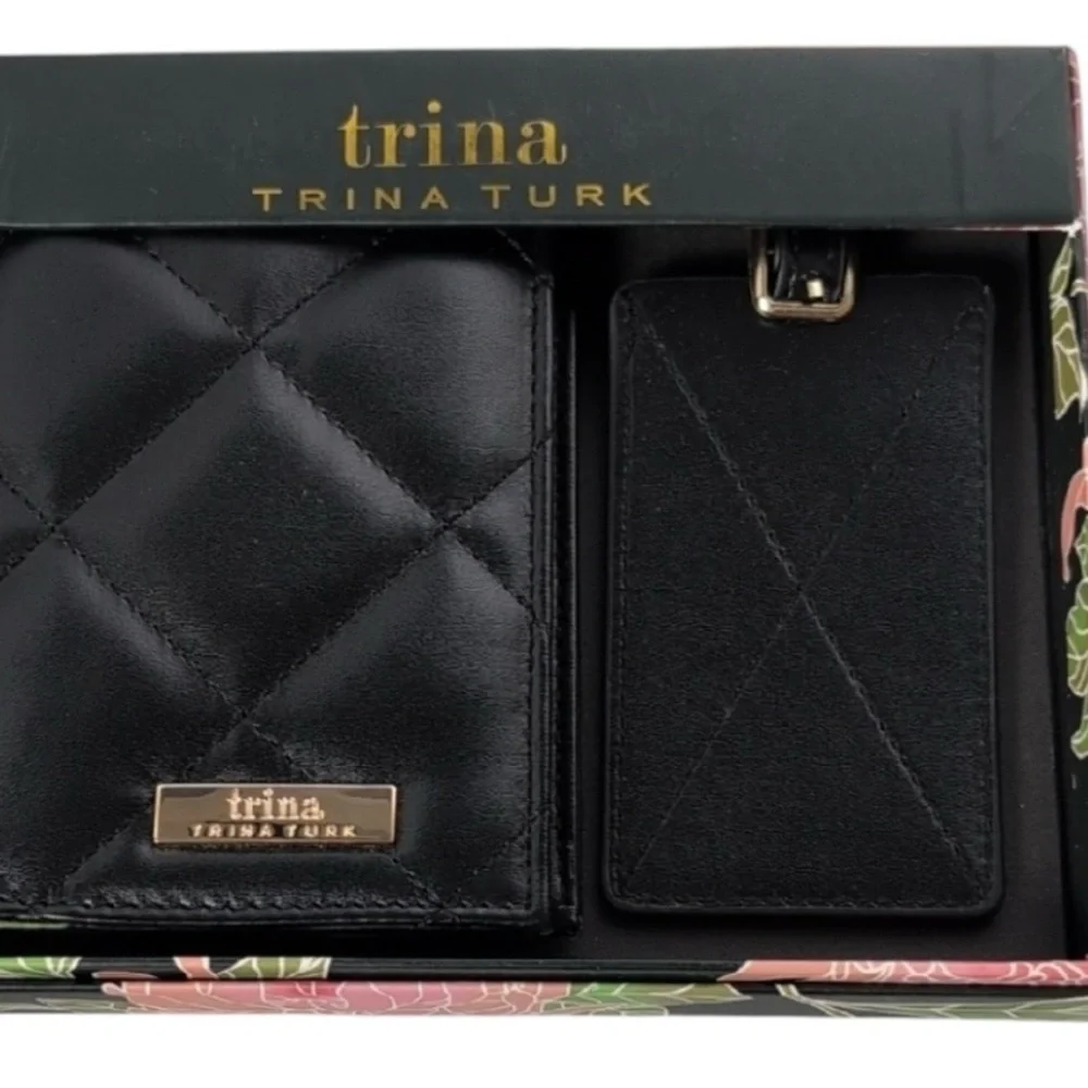 Trina Turk Black Quilted Passport Holder Luggage Tag Set NWT